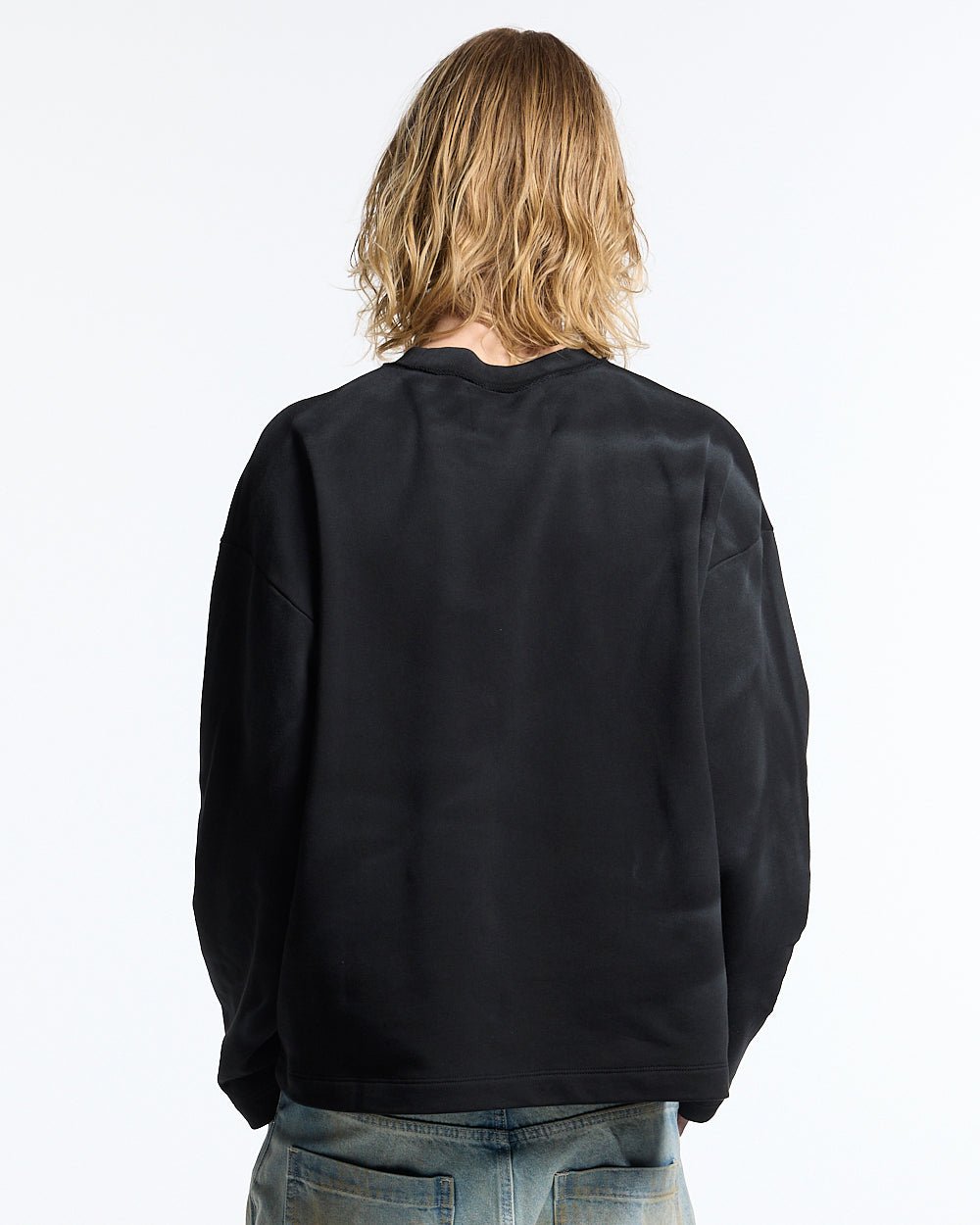 FARMER BLUES LONGSLEEVE BLACK - washed black longsleeve tee, back view on male model - Cold Culture #man