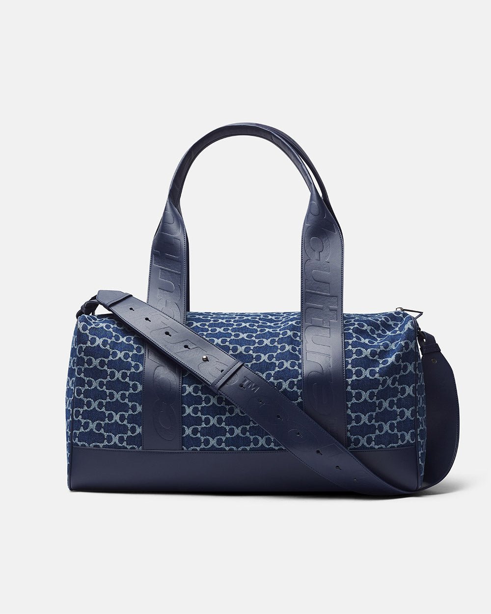 FEVER BAG BLUE - blue monogram duffle bag, side view - Cold Culture #packshot