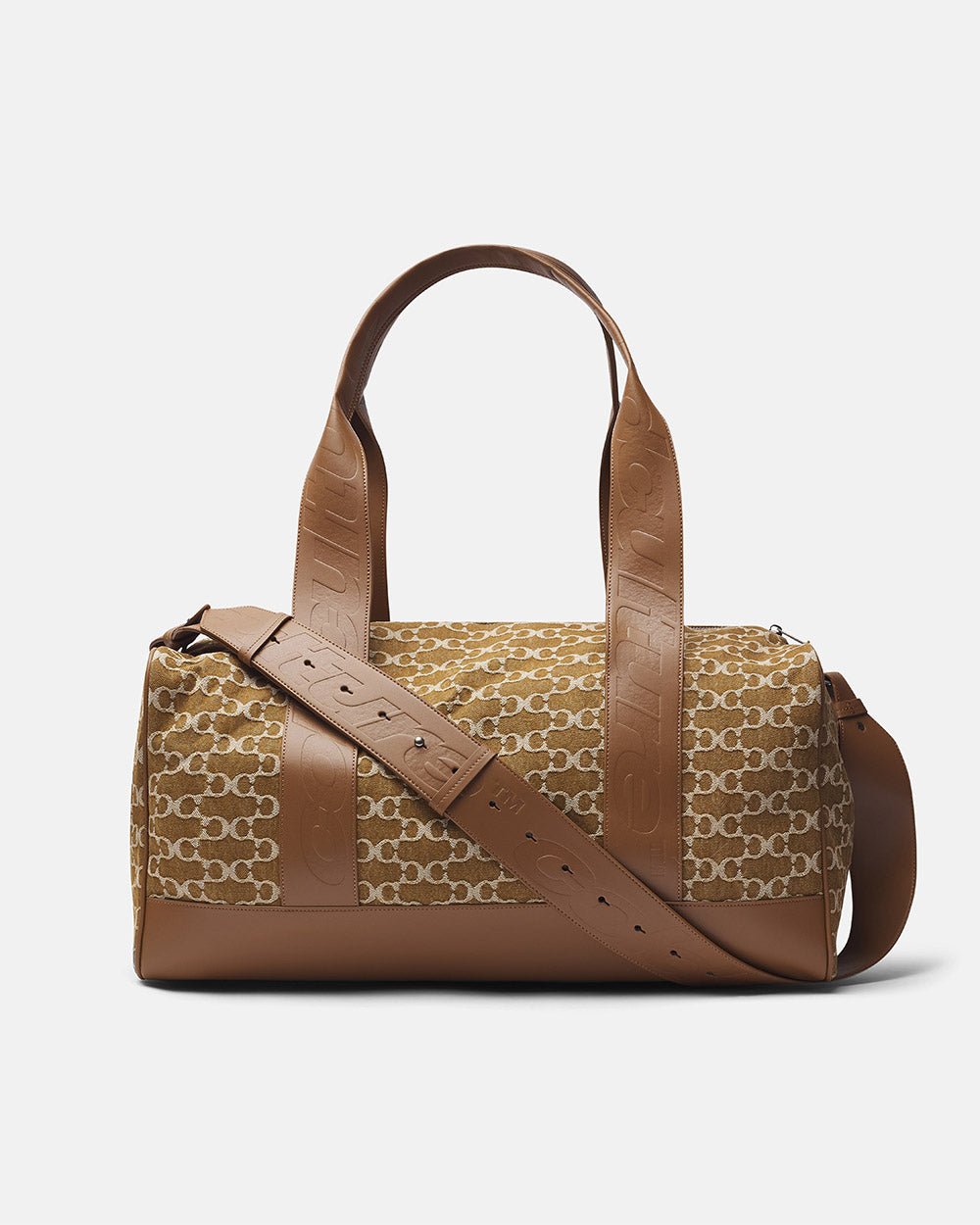 FEVER BAG BROWN - brown monogram duffle bag, side view - Cold Culture #packshot