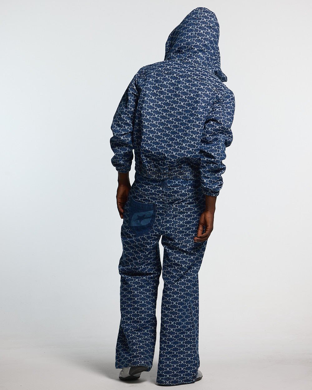 FEVER JACKET BLUE - blue monogram hooded jacket, back view on male model - Cold Culture