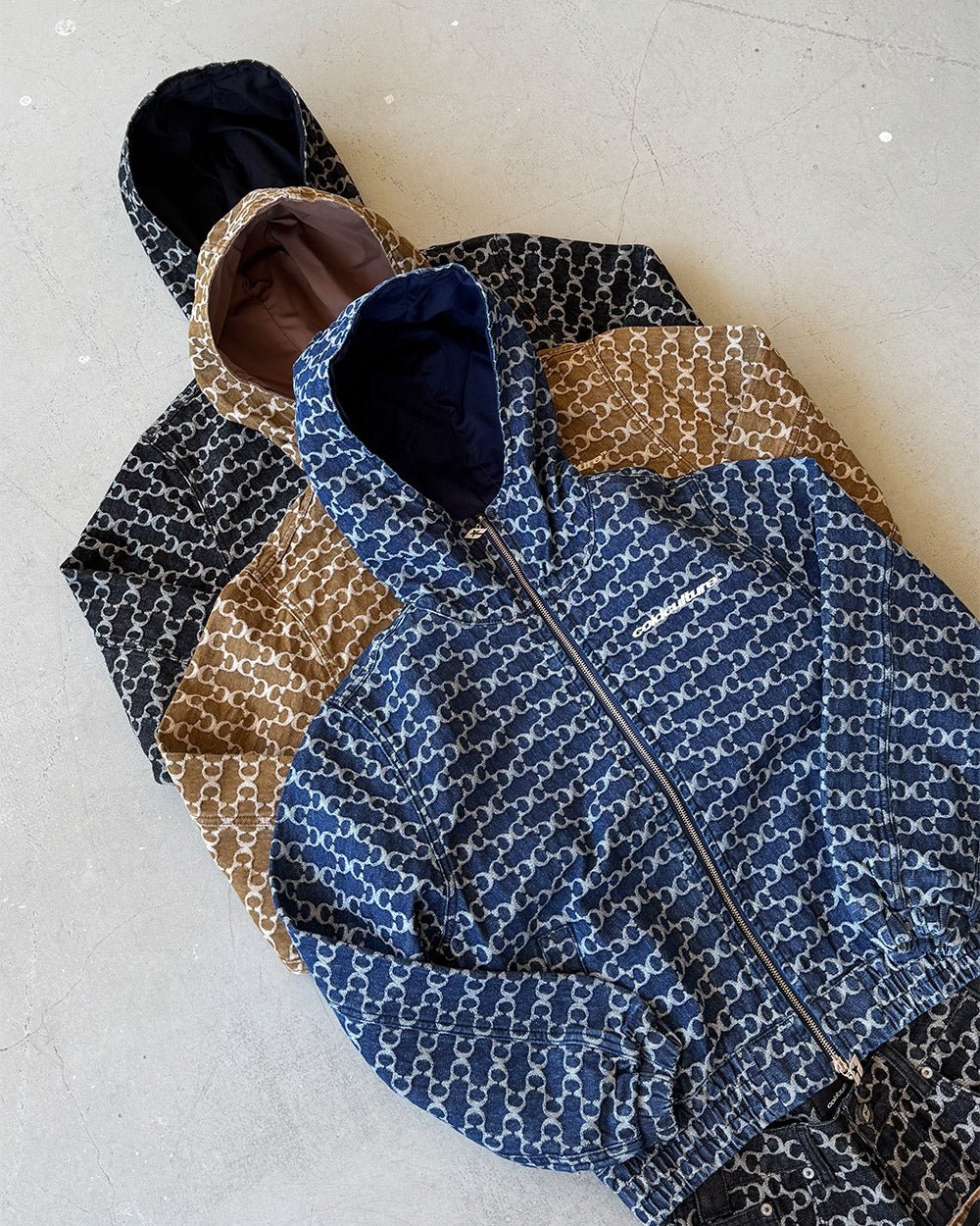 FEVER JACKET BLUE - blue monogram hooded jacket, flat lay with matching pieces - Cold Culture