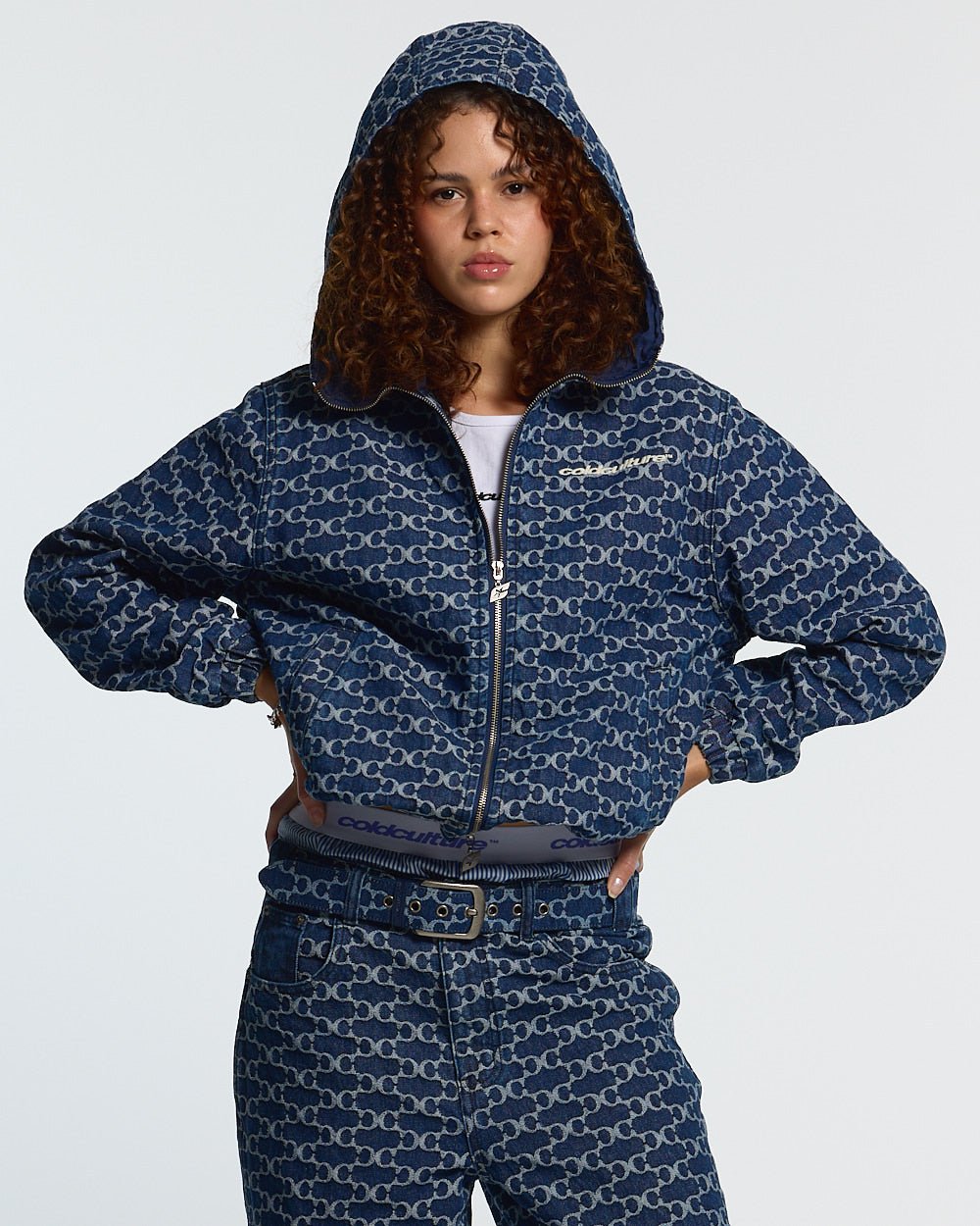 FEVER JACKET BLUE - blue monogram hooded jacket, front view on female model - Cold Culture #woman