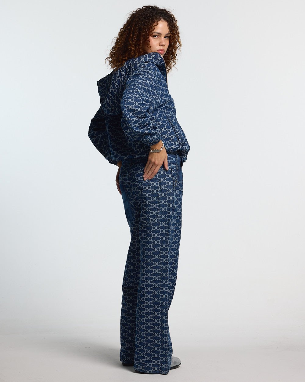 FEVER JACKET BLUE - blue monogram hooded jacket, back view on female model - Cold Culture #woman
