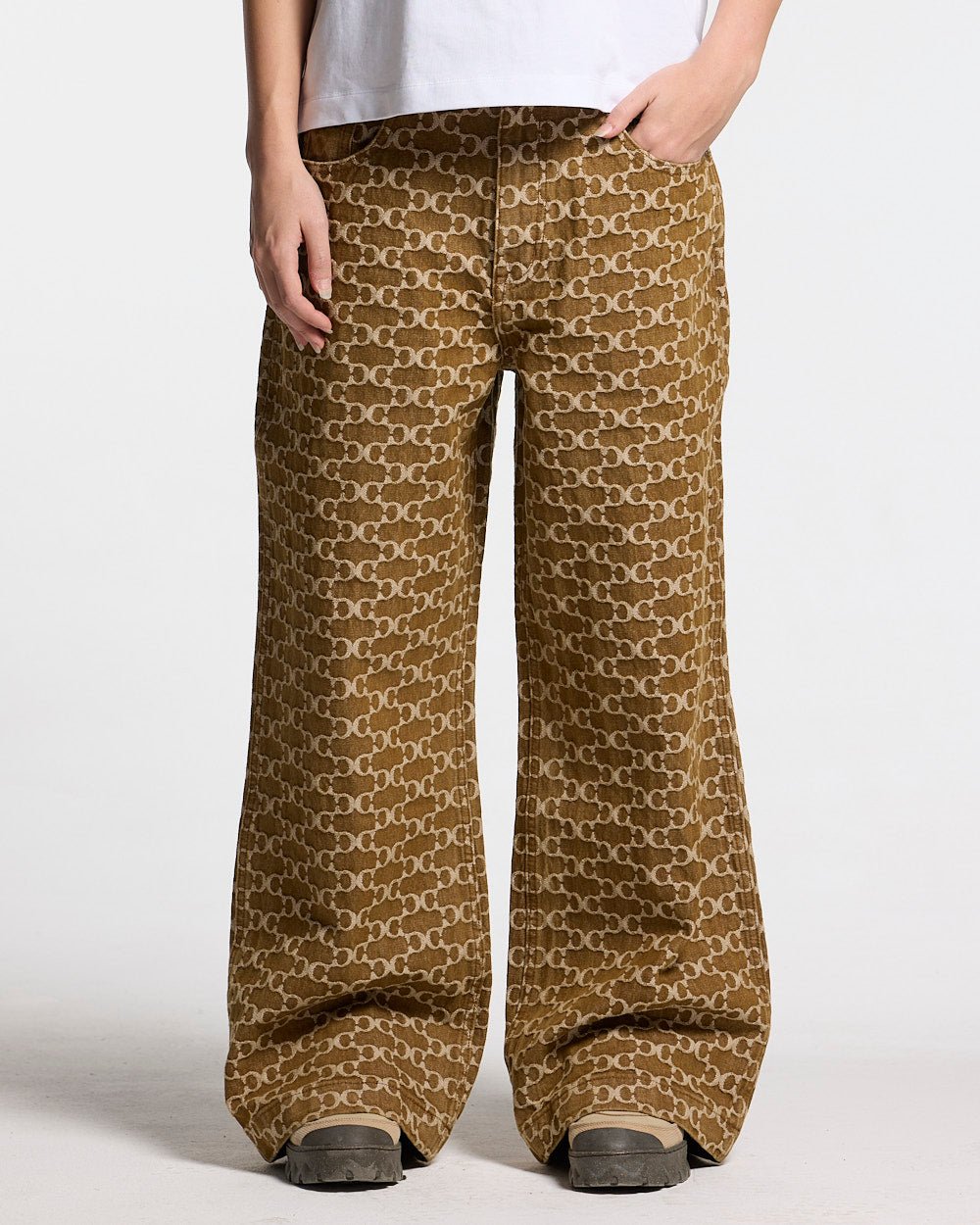 FEVER PANTS V3 BROWN - brown monogram denim pants, front view on female model - Cold Culture #woman