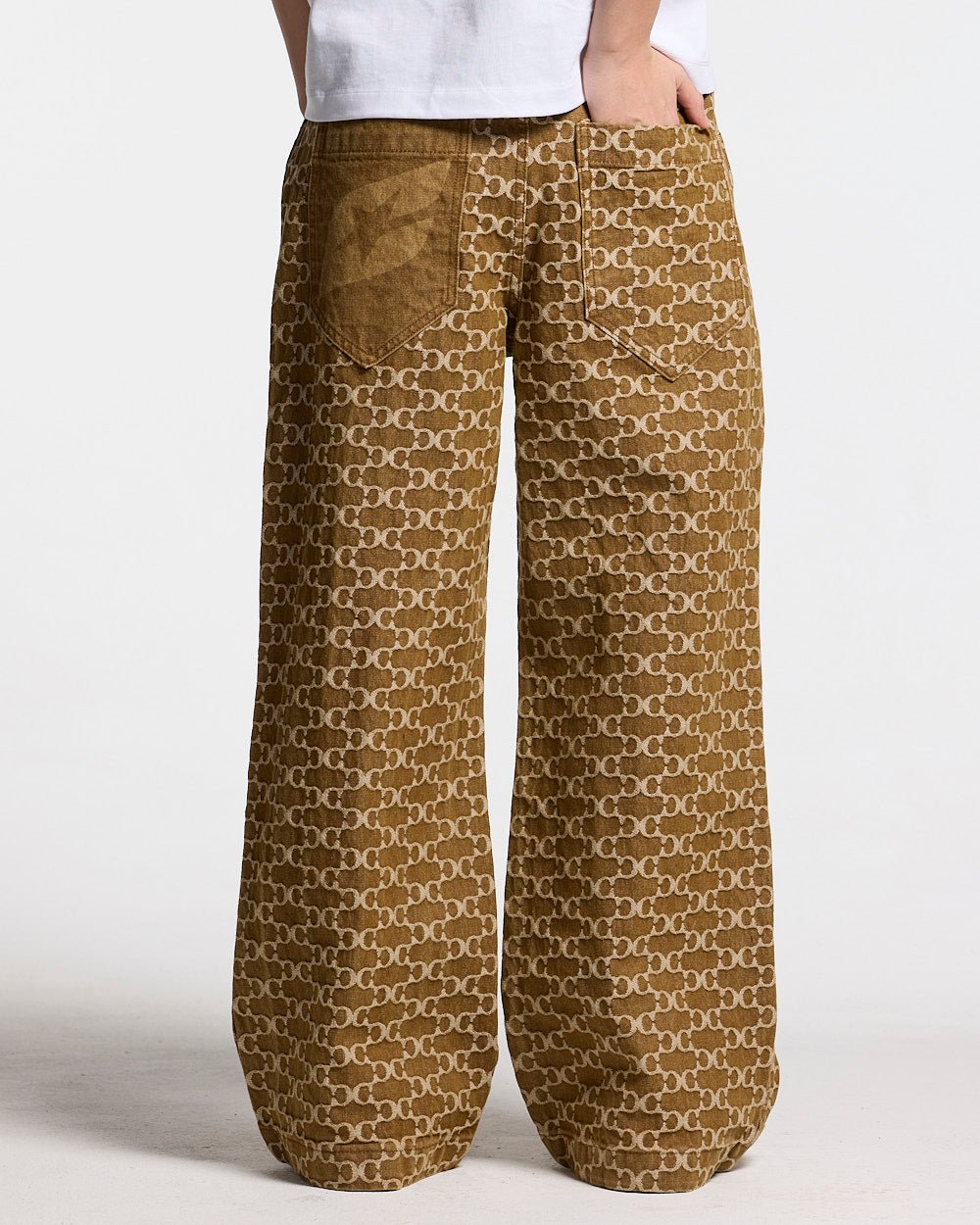 FEVER PANTS V3 BROWN - brown monogram denim pants, back view on female model - Cold Culture #woman