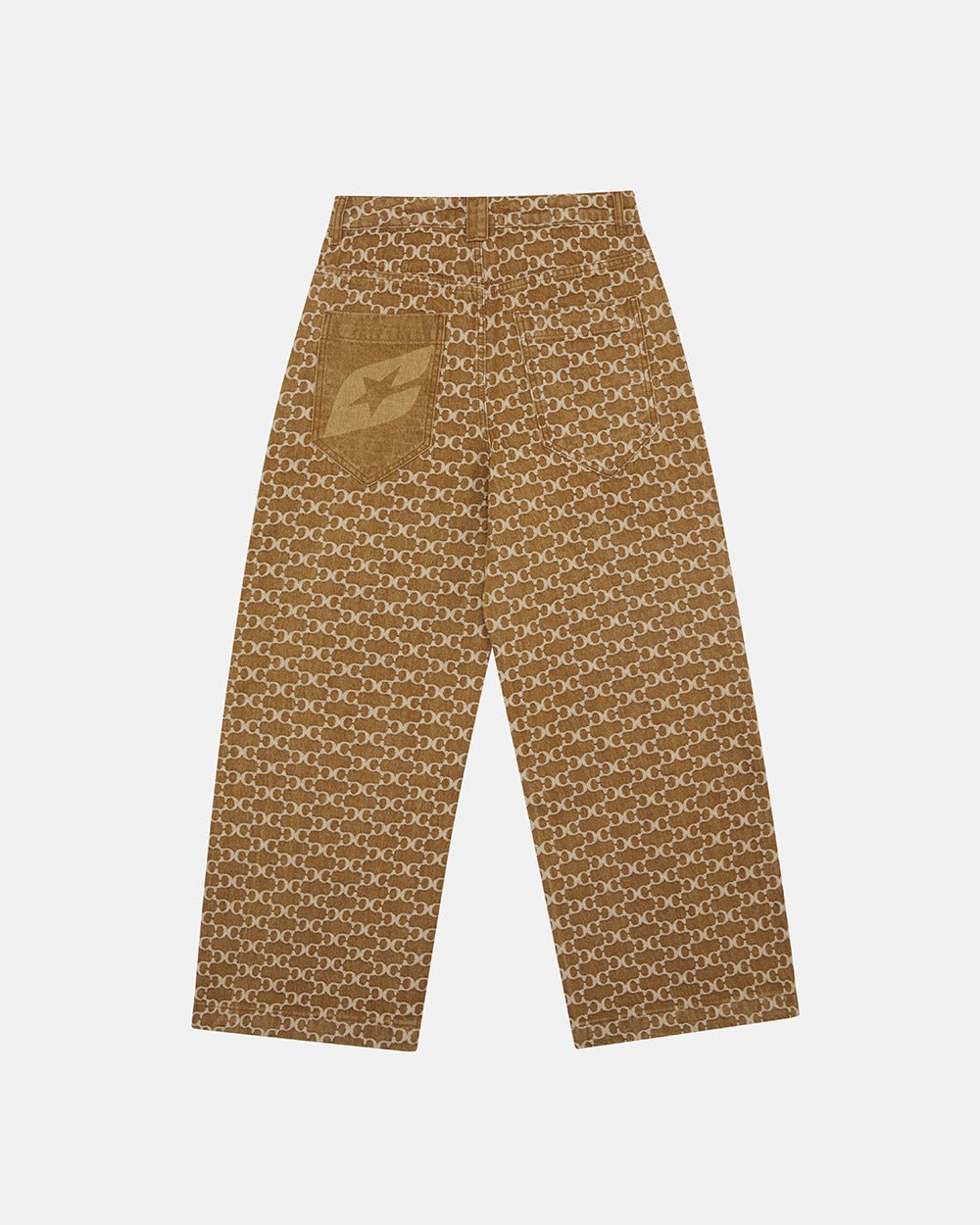 FEVER PANTS V3 BROWN - brown monogram denim pants, back view - Cold Culture #packshot