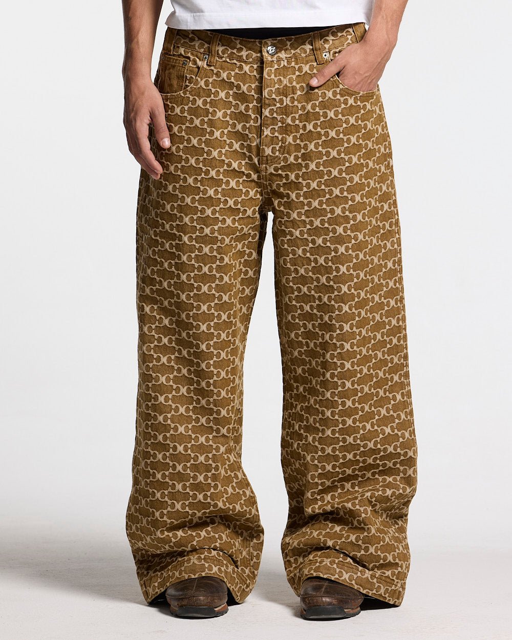 FEVER PANTS V3 BROWN - brown monogram denim pants, front view on male model - Cold Culture