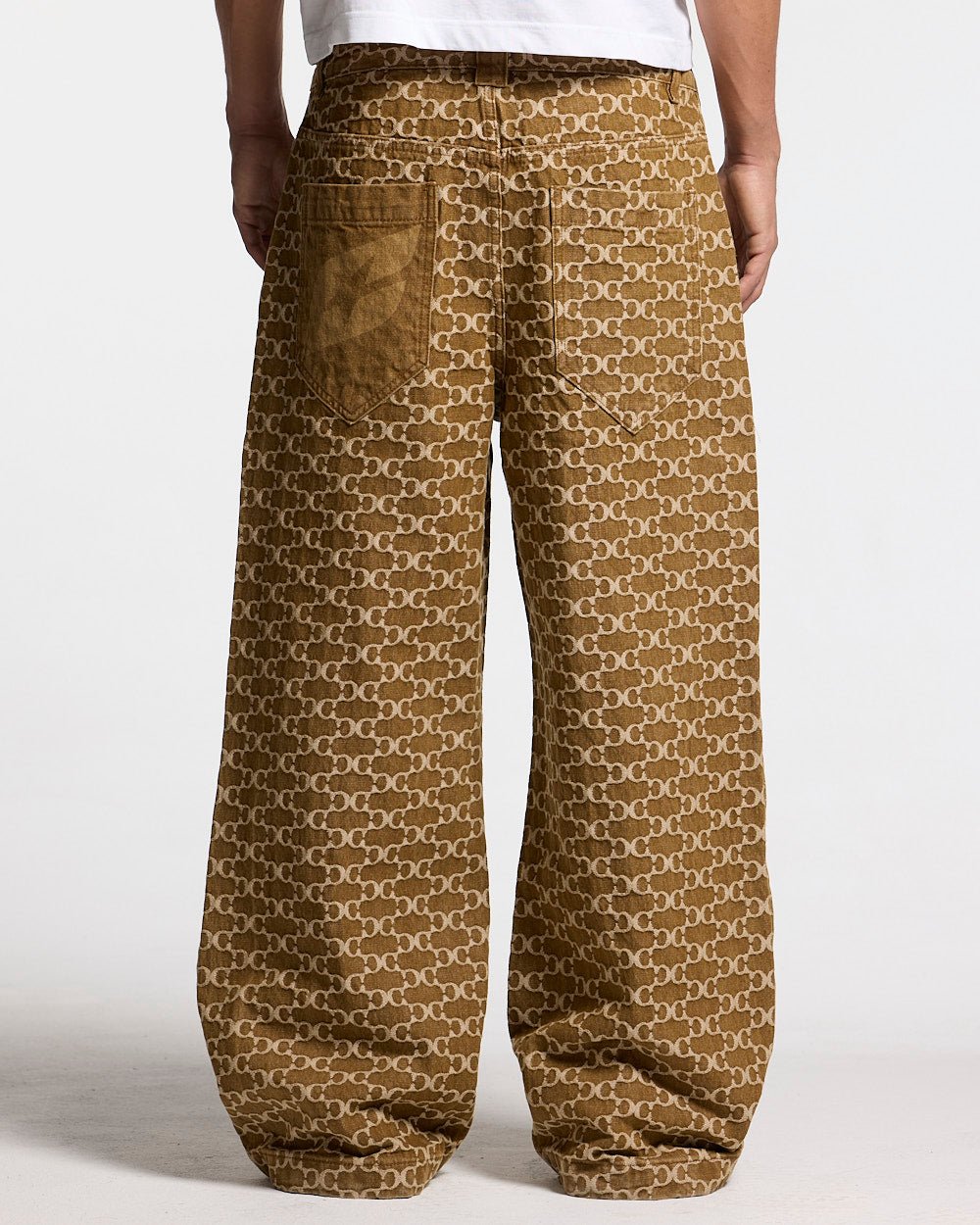 FEVER PANTS V3 BROWN - brown monogram denim pants, back view on male model - Cold Culture