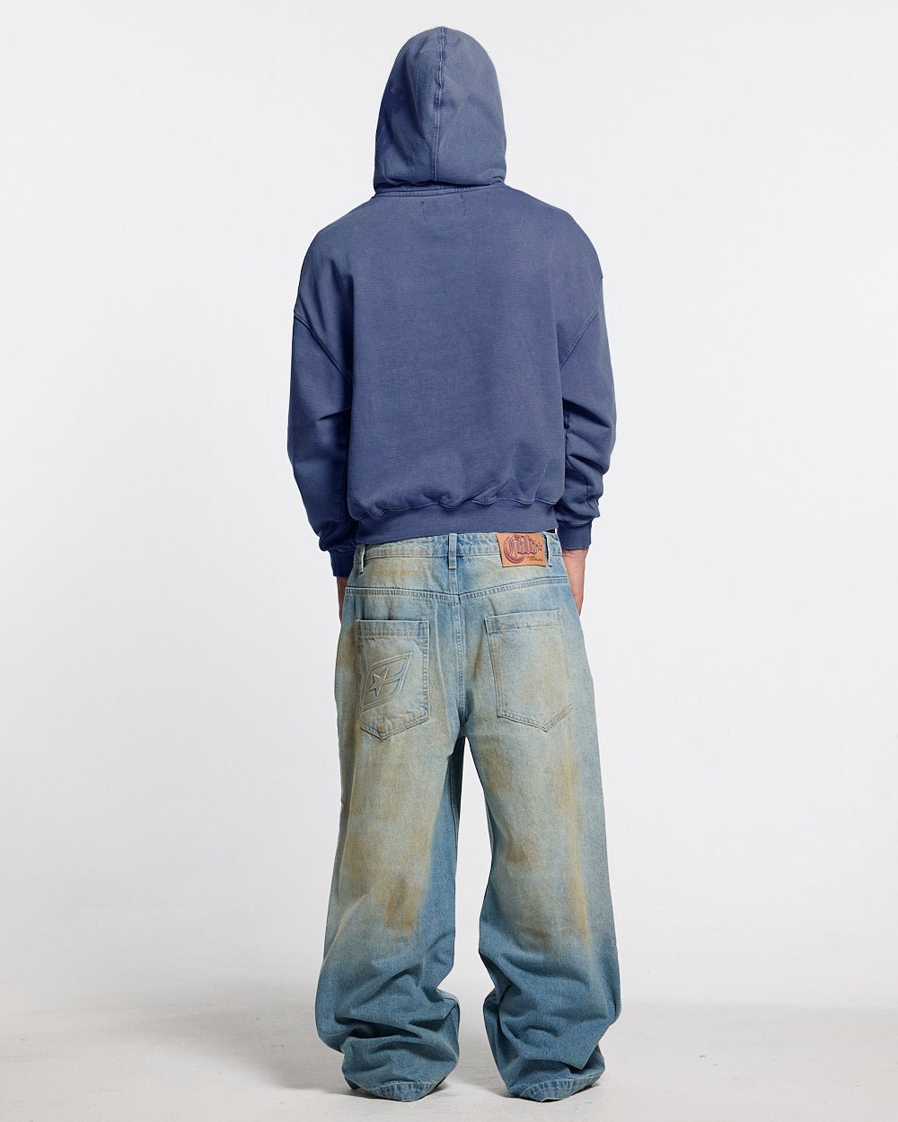 FIFTY - FIVE REASON HOODIE BLUE - washed blue graphic print hoodie, back view on male model - Cold Culture