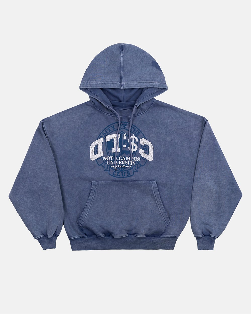 FIFTY - FIVE REASON HOODIE BLUE - washed blue graphic print hoodie, front view - Cold Culture #packshot