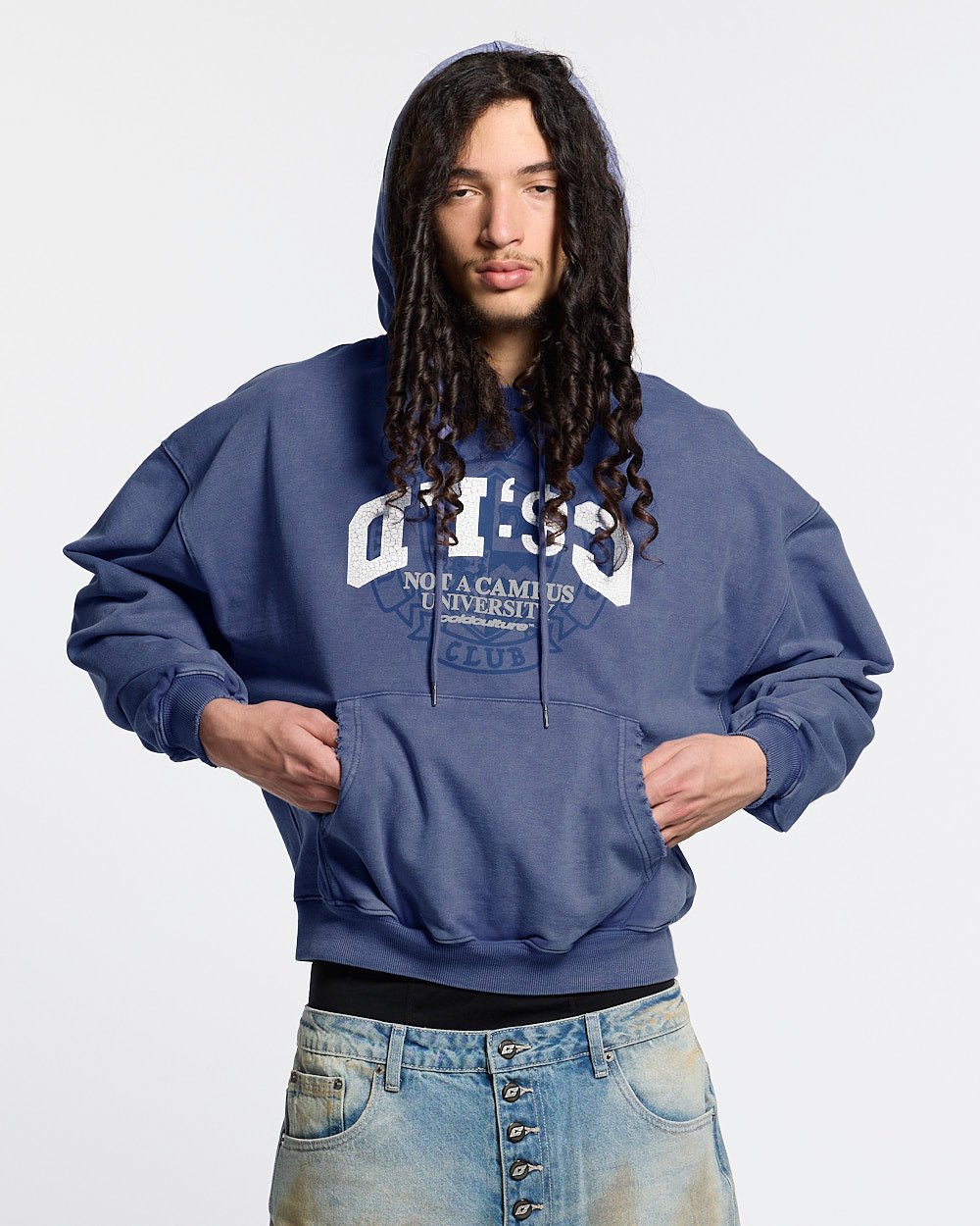 FIFTY - FIVE REASON HOODIE BLUE - washed blue graphic print hoodie, front view on male model - Cold Culture #man