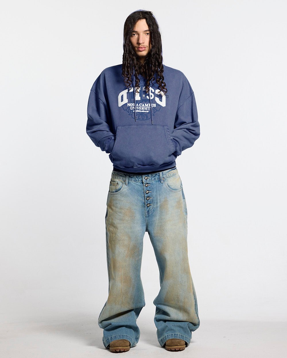 FIFTY - FIVE REASON HOODIE BLUE - washed blue graphic print hoodie, front view on male model - Cold Culture #man