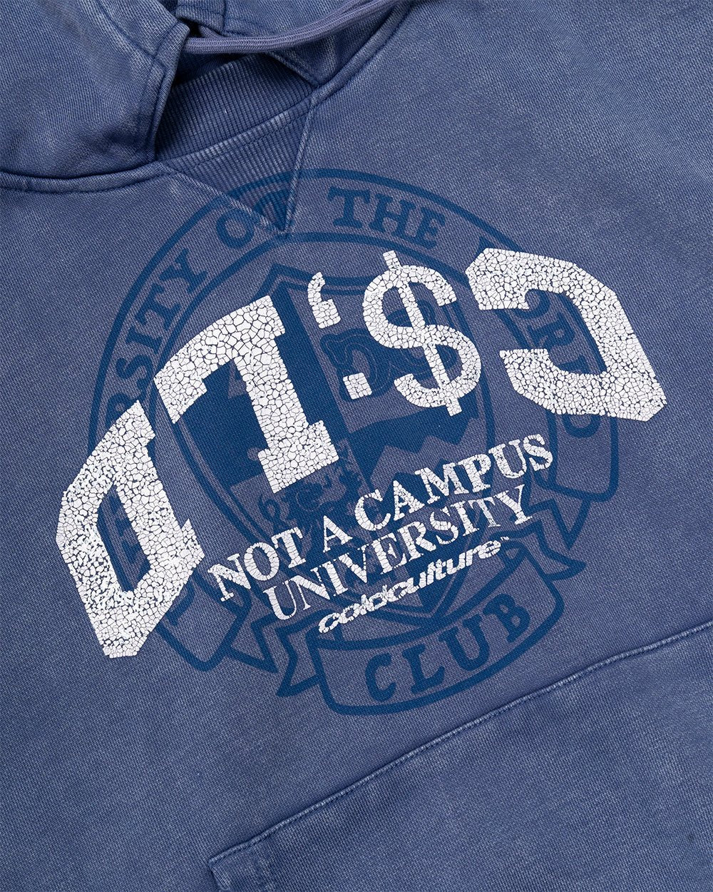 FIFTY - FIVE REASON HOODIE BLUE - washed blue graphic print hoodie, detail close-up - Cold Culture