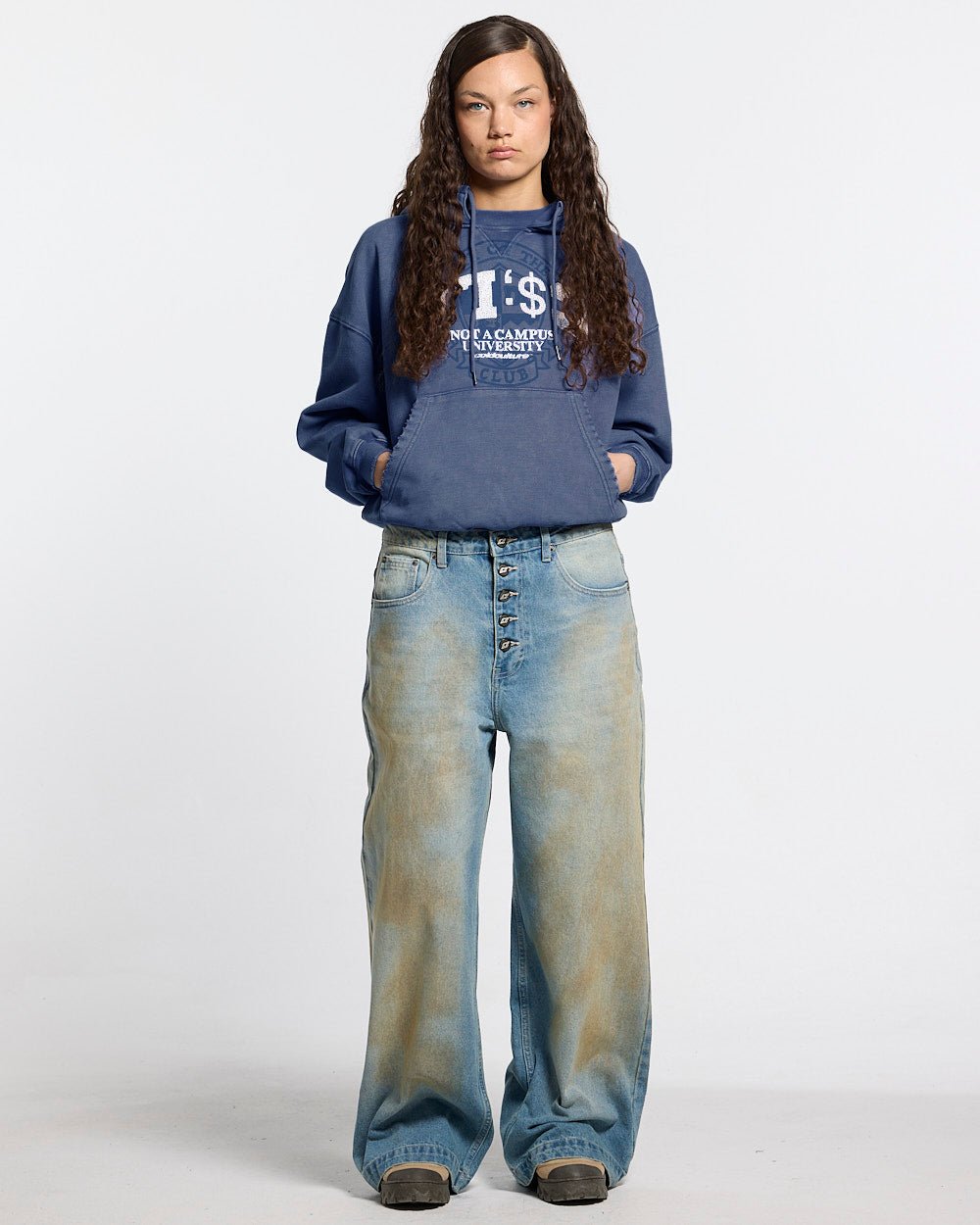 FIFTY - FIVE REASON HOODIE BLUE - washed blue graphic print hoodie, front view on female model - Cold Culture #woman