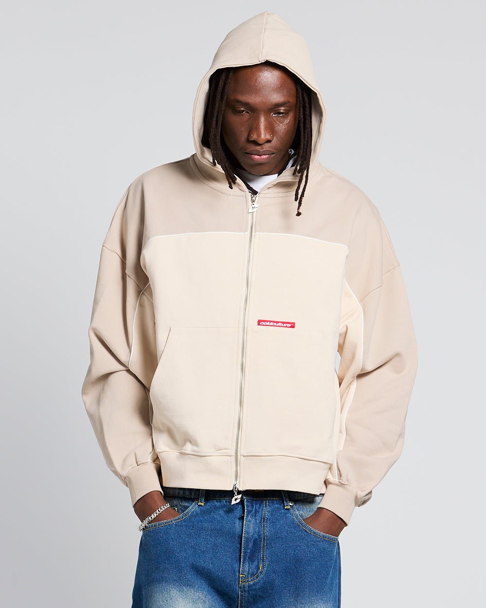 FLESH ZIP HOODIE BEIGE - beige zip-up hoodie, front view on male model - Cold Culture #man