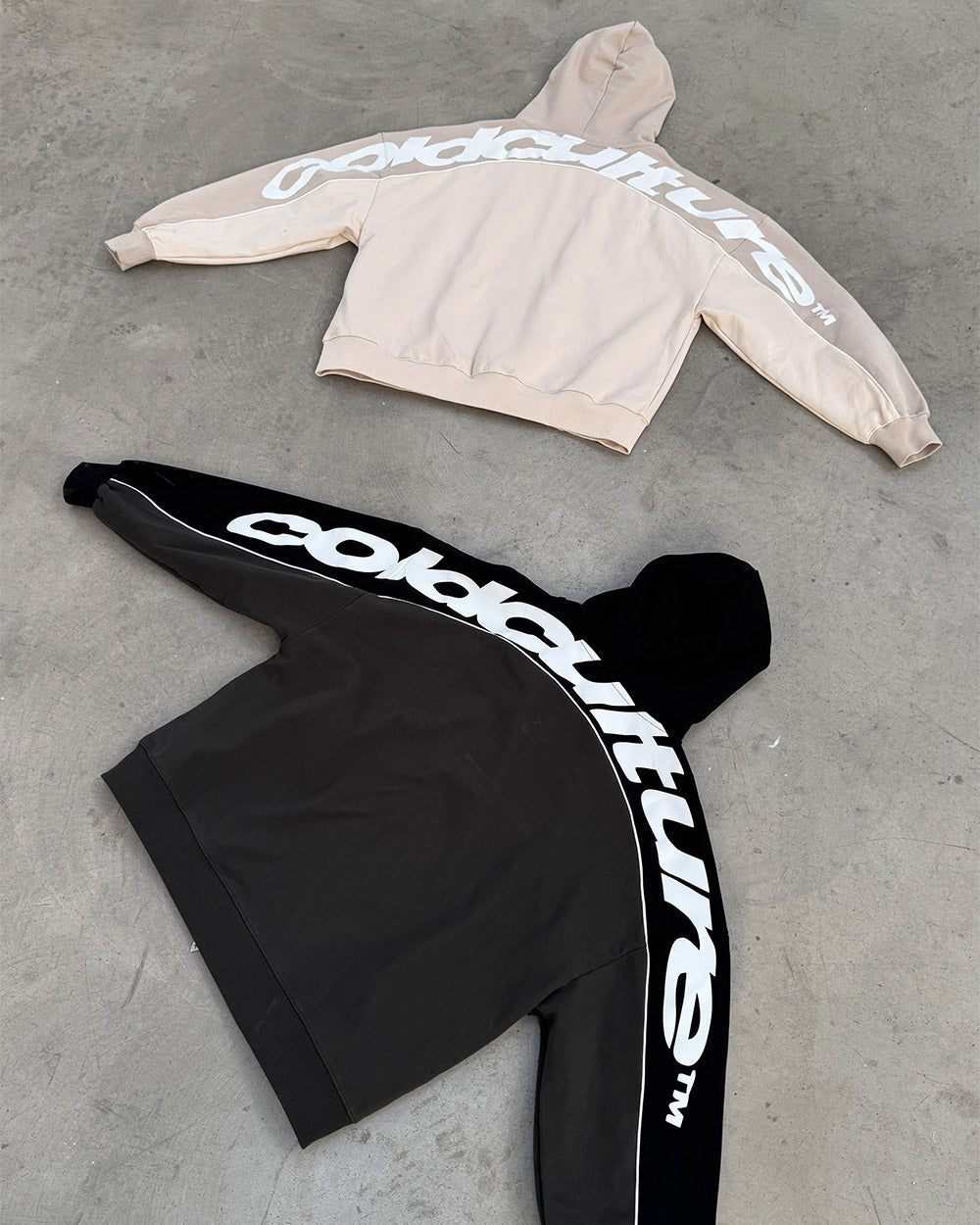 FLESH ZIP HOODIE BLACK & GREY - black and grey zip-up hoodie, flat lay with matching pieces - Cold Culture