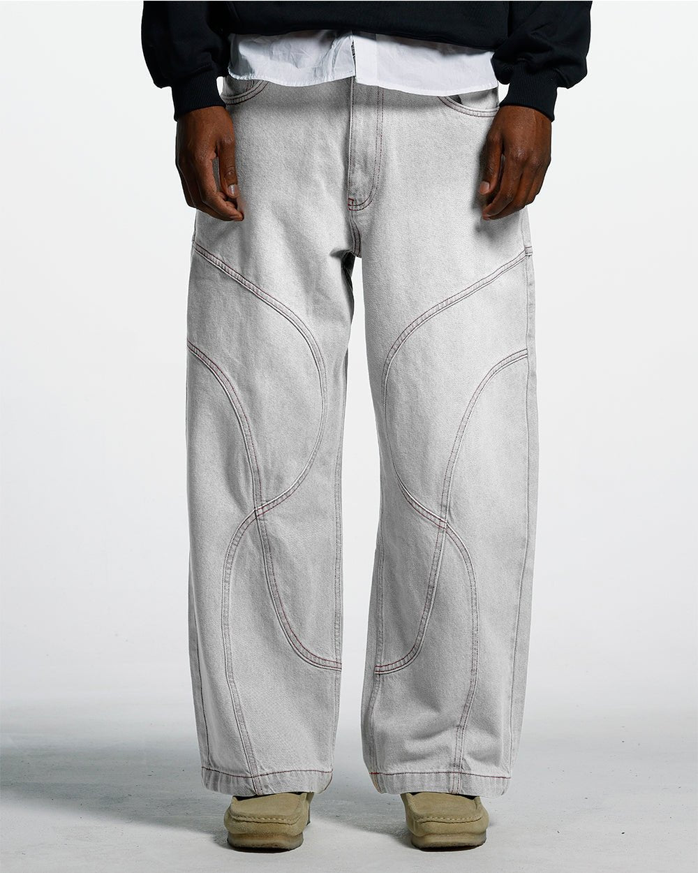 FLEX V2 PANTS LIGHT TITANIUM - light grey contrast stitch pants, front view on male model - Cold Culture