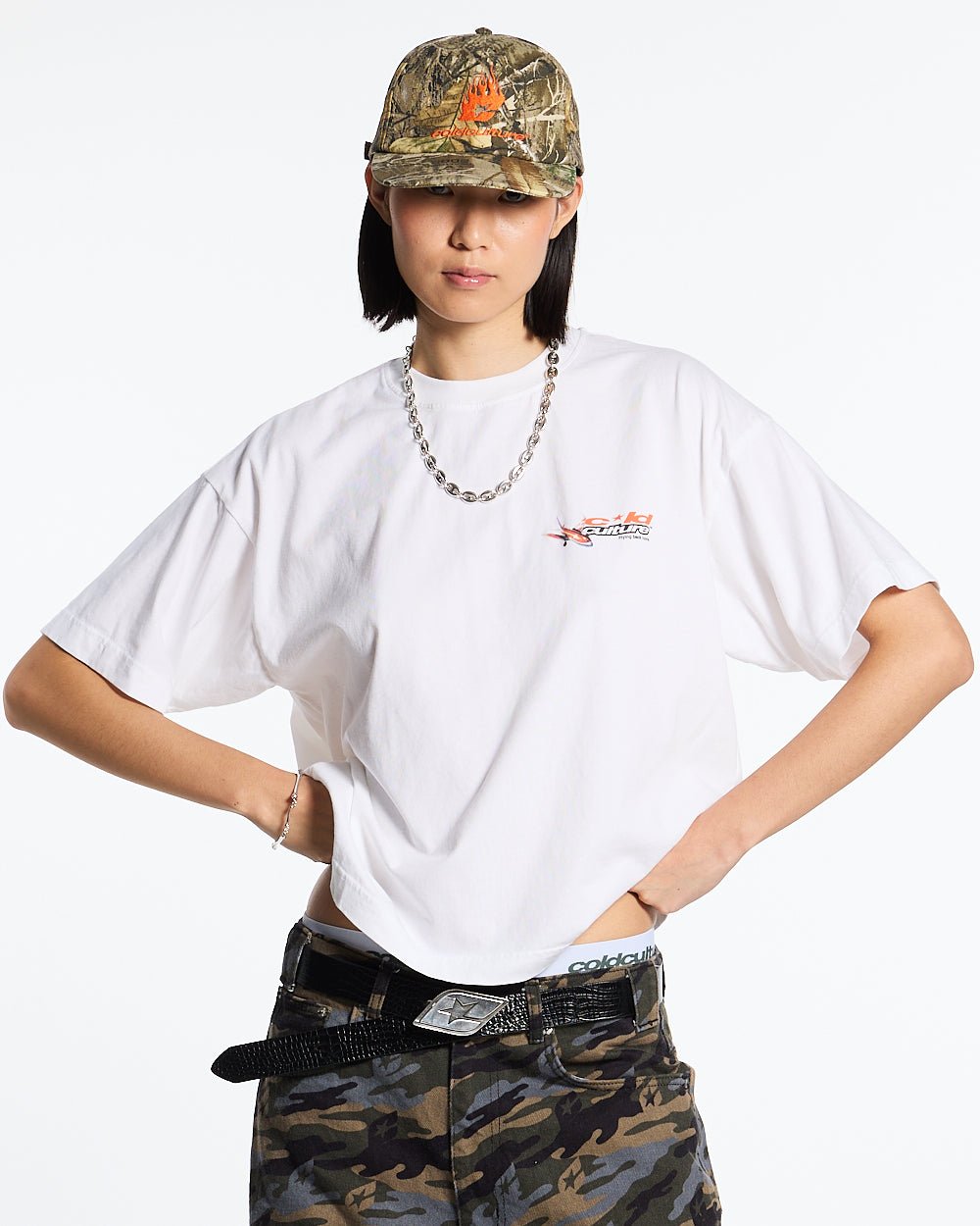 FLIGHT PATH TEE WHITE - white graphic print tee, front view on female model - Cold Culture #woman