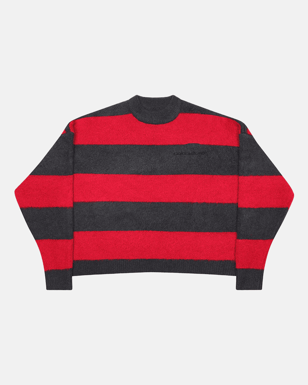 FLUFFY FUR KNIT BLACK & RED - black and red striped knit sweater, front view - Cold Culture #packshot