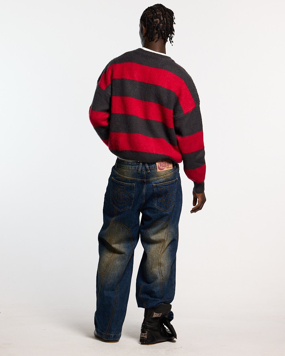 FLUFFY FUR KNIT BLACK & RED - black and red striped knit sweater, back view on male model - Cold Culture #man