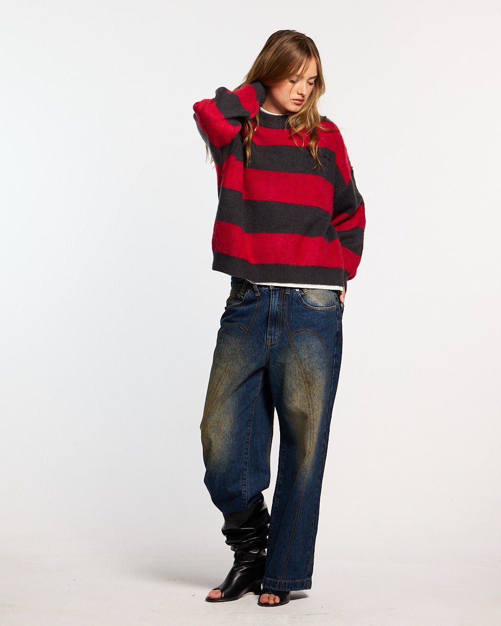 FLUFFY FUR KNIT BLACK & RED - black and red striped knit sweater, front view on female model - Cold Culture #woman