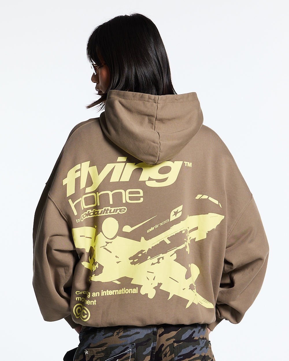 FLYING HOME HOODIE WALNUT BROWN - walnut brown graphic print hoodie, back view on female model - Cold Culture #woman