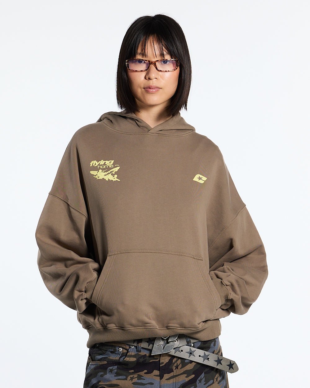 FLYING HOME HOODIE WALNUT BROWN - walnut brown graphic print hoodie, front view on female model - Cold Culture #woman