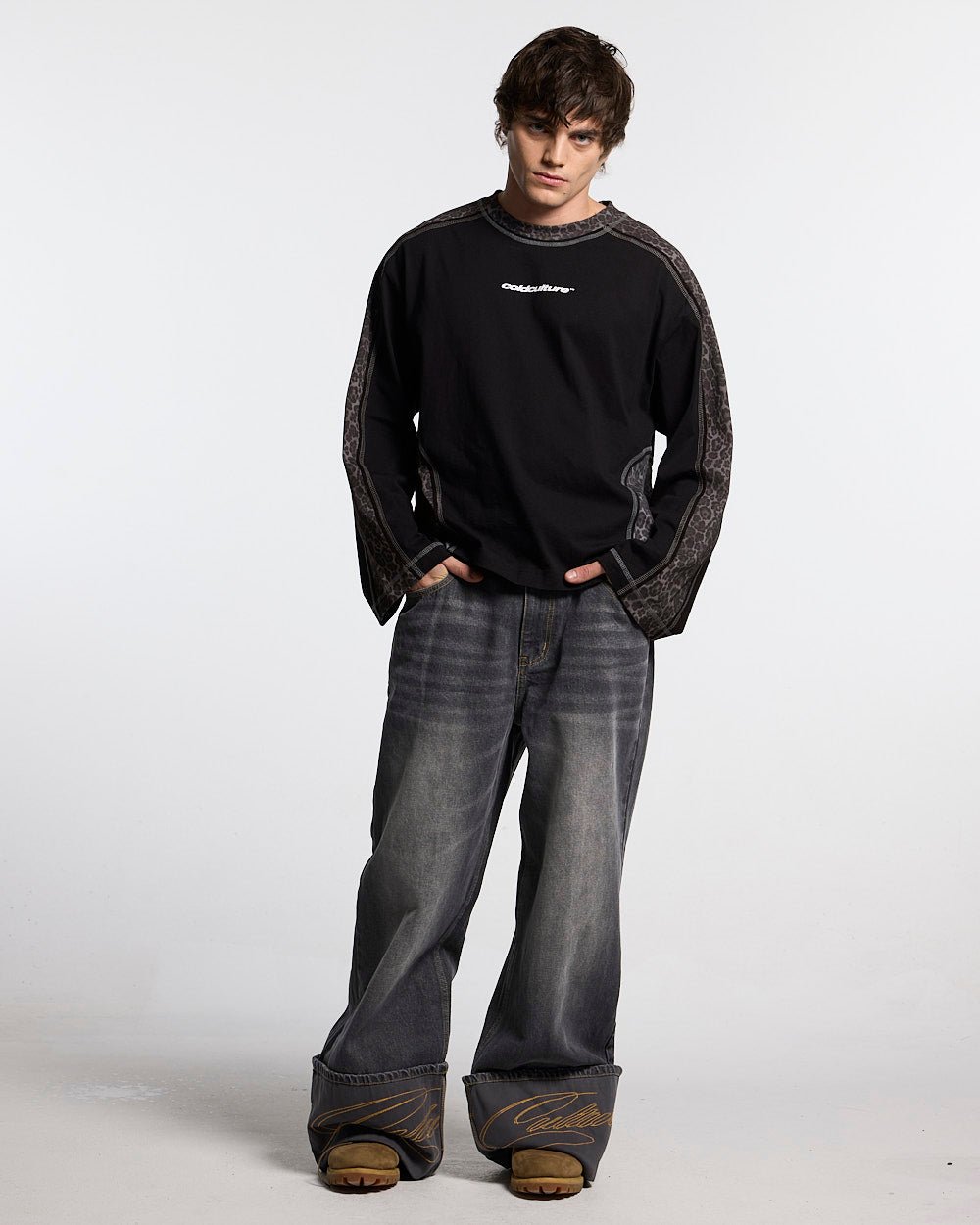 FOLDED V3 PANTS DARK GREY DENIM - dark grey washed denim pants, front view on male model - Cold Culture #man