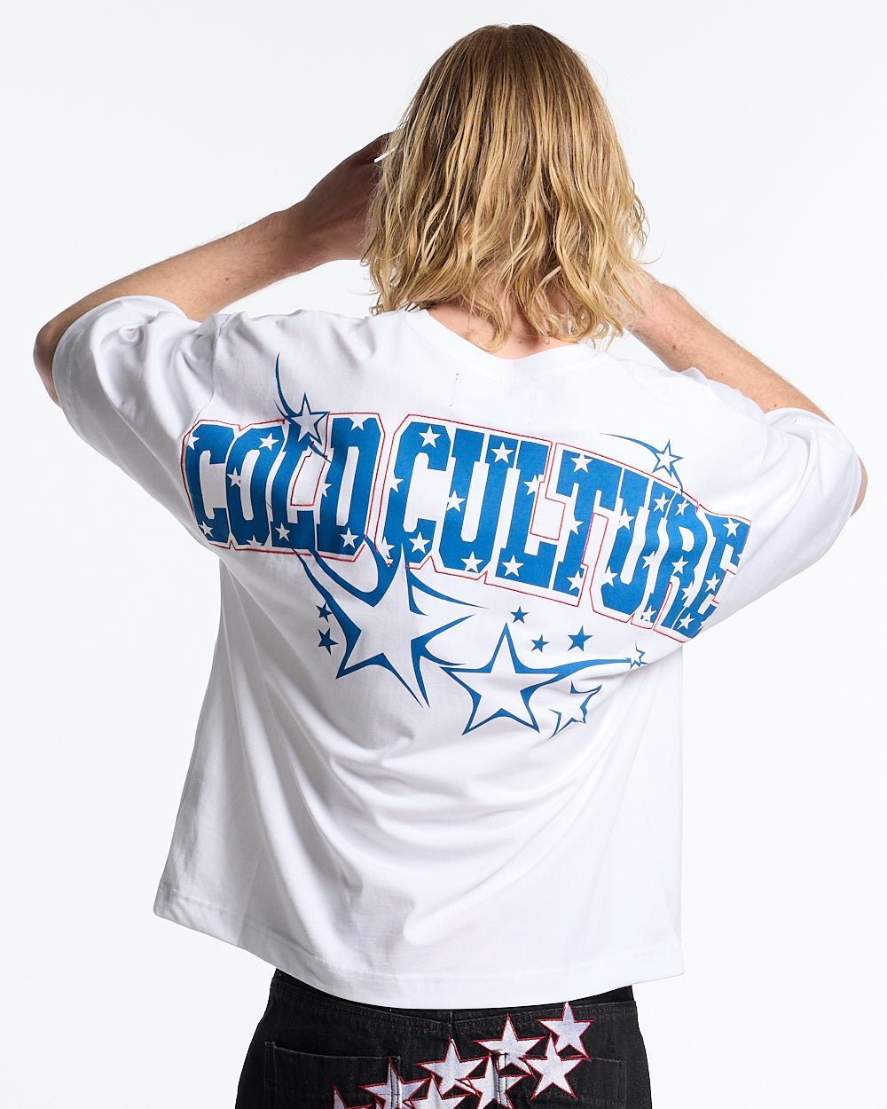 FOURTH OF JULY TEE WHITE - white oversized graphic tee, back view on male model - Cold Culture #man