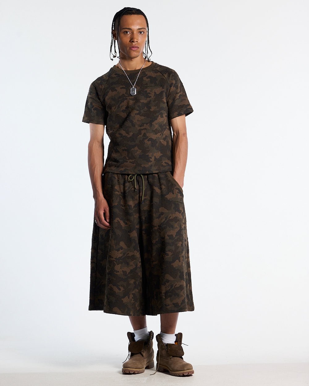 FRONT LINE TEE GREEN - olive camo tee, front view on male model - Cold Culture #man