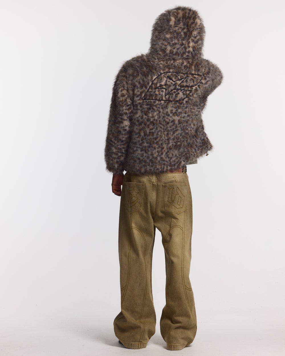 FUR HOODIE BROWN LEOPARD - brown leopard faux fur jacket, back view on male model - Cold Culture