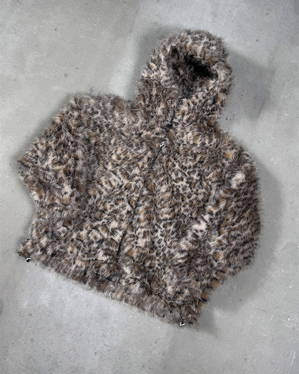 FUR HOODIE BROWN LEOPARD - brown leopard faux fur jacket, flat lay - Cold Culture