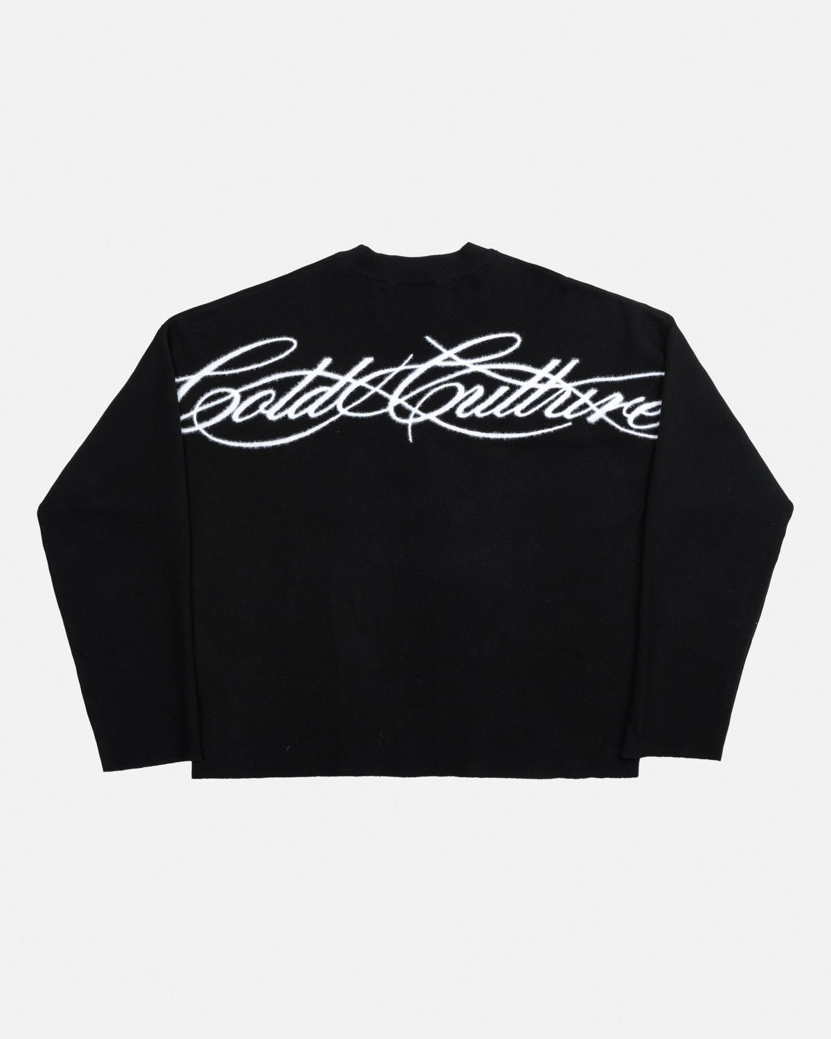 FURRY SCRIPT KNIT BLACK - black fuzzy script knit sweater, back view - Cold Culture #packshot