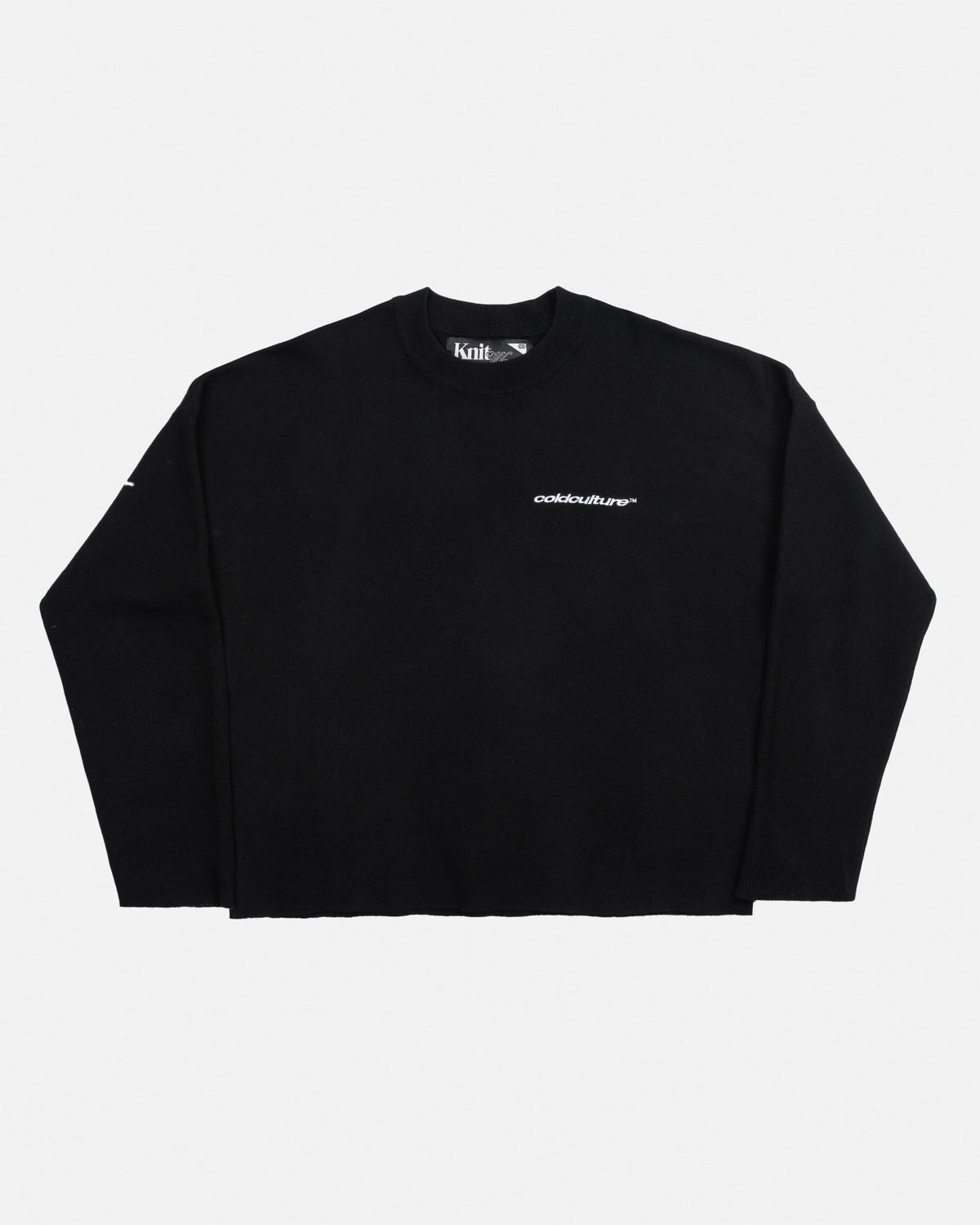 FURRY SCRIPT KNIT BLACK - black fuzzy script knit sweater, front view - Cold Culture #packshot