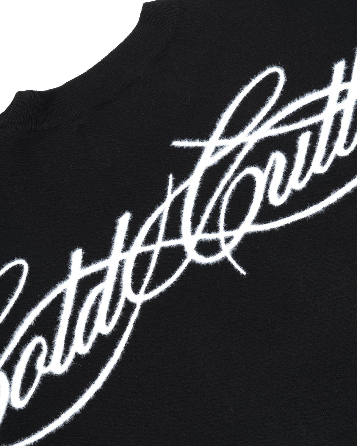 FURRY SCRIPT KNIT BLACK - black fuzzy script knit sweater, detail close-up - Cold Culture