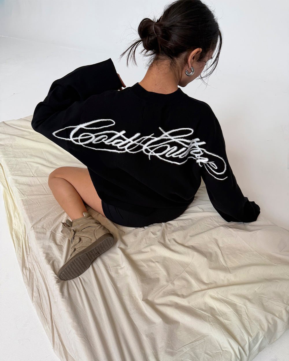 FURRY SCRIPT KNIT BLACK - black fuzzy script knit sweater, street style shot - Cold Culture #woman
