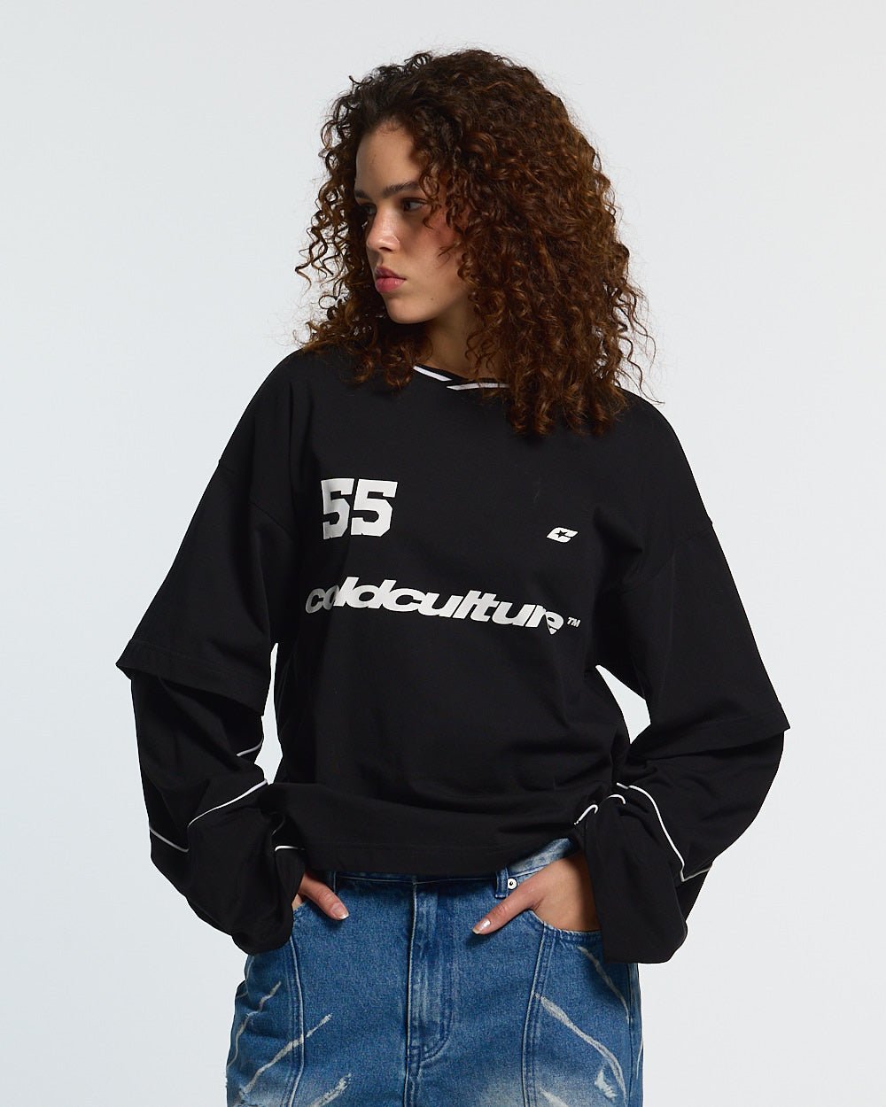 GAME ON LONGSLEEVE BLACK - black graphic print longsleeve tee, front view on female model - Cold Culture #woman