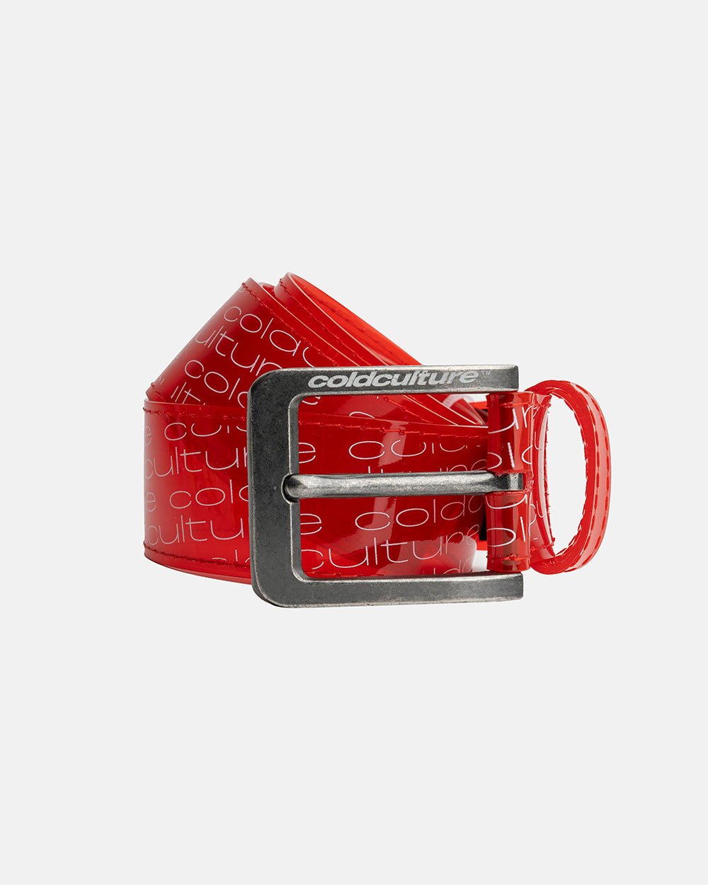 GHOST BELT RED - red logo print belt, front view - Cold Culture #packshot