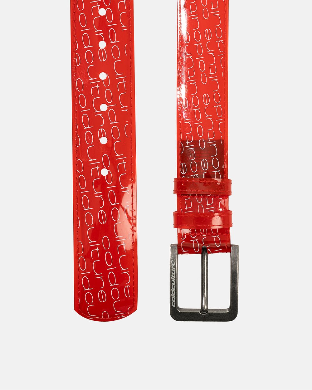 GHOST BELT RED - red logo print belt, detail close-up - Cold Culture