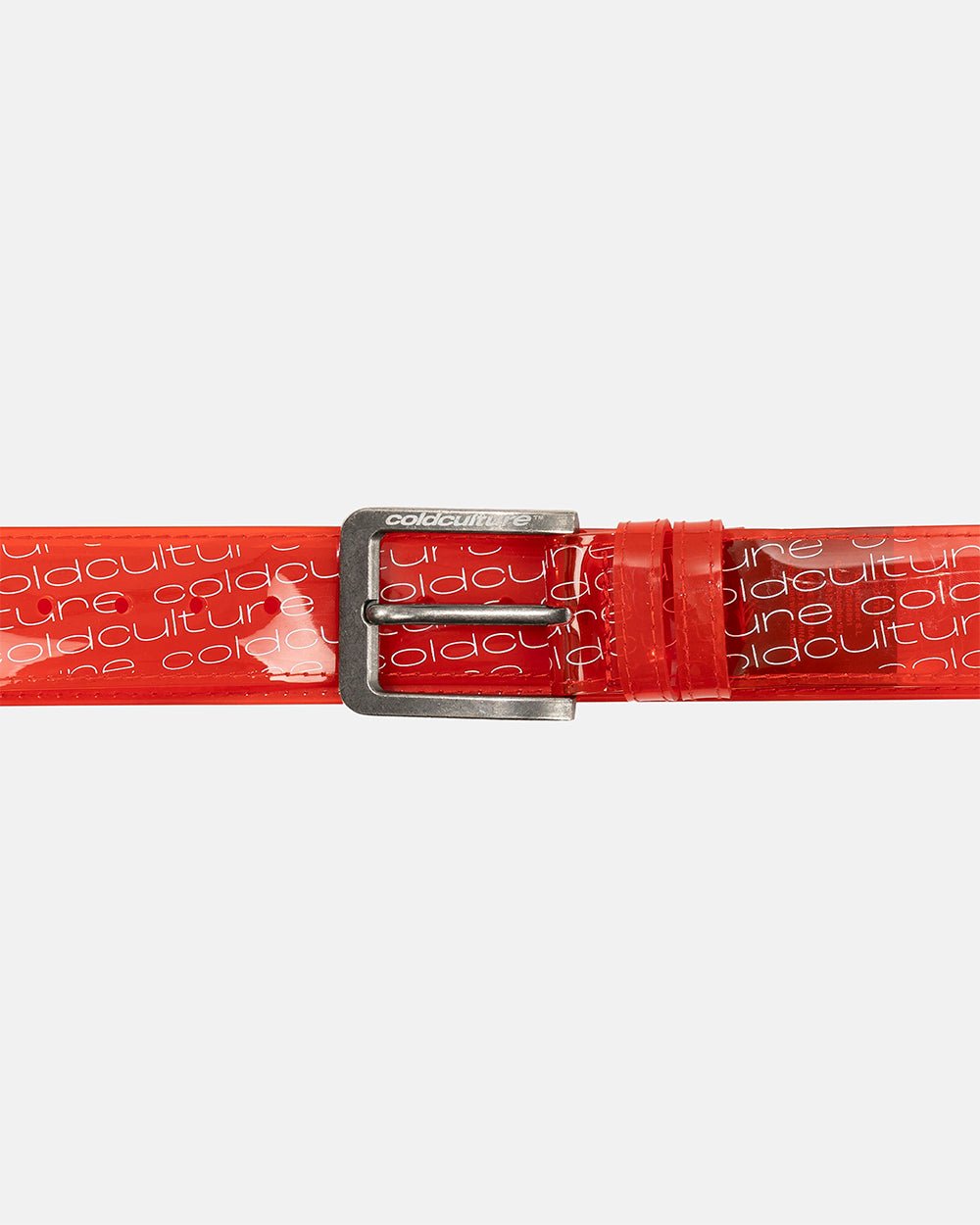 GHOST BELT RED - red logo print belt, detail close-up - Cold Culture