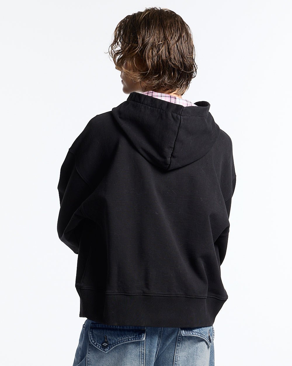 GIRLS CLUB ZIP HOODIE BLACK - black women's zip-up hoodie, back view on female model - Cold Culture #woman