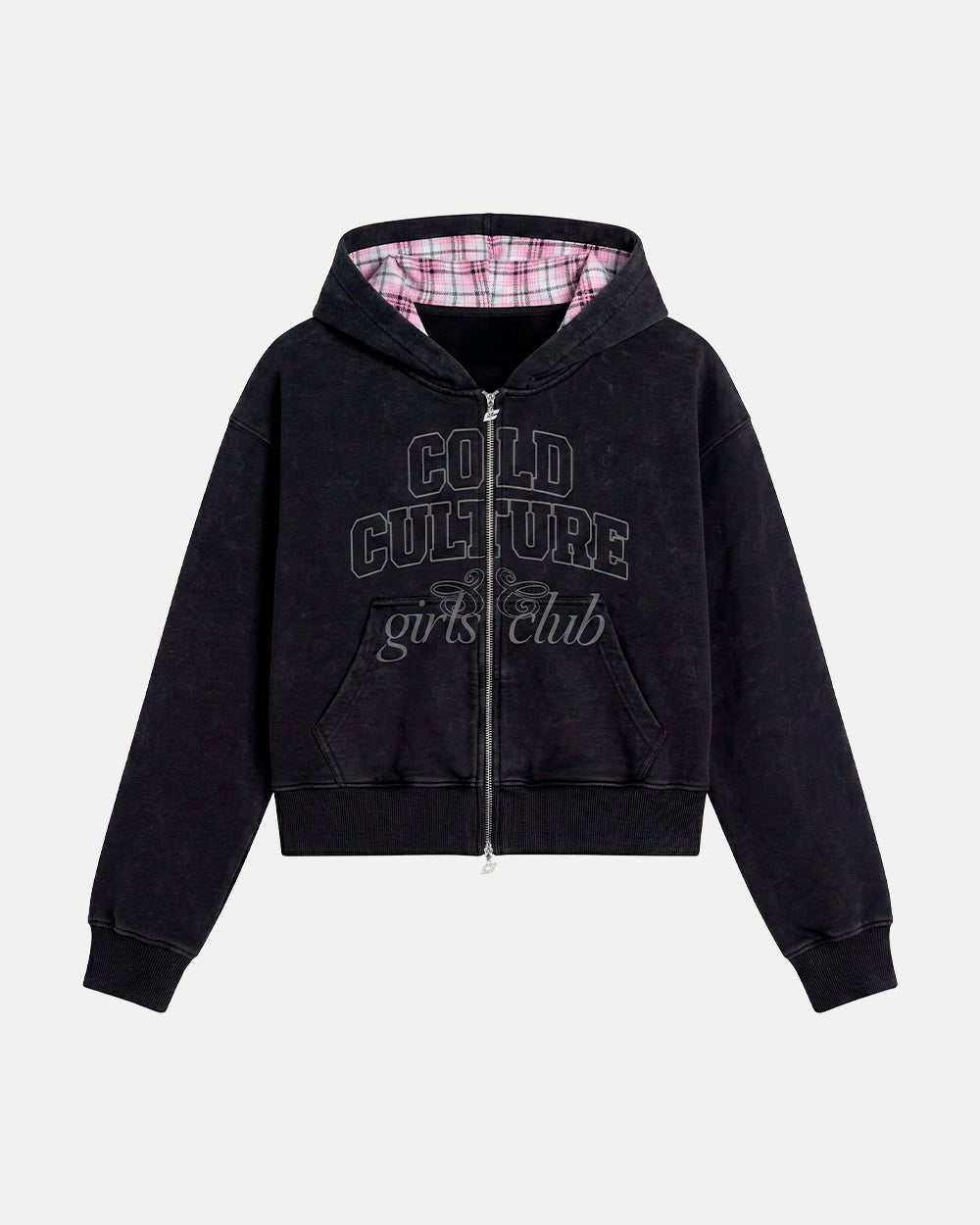 GIRLS CLUB ZIP HOODIE BLACK - black women's zip-up hoodie, front view - Cold Culture #packshot