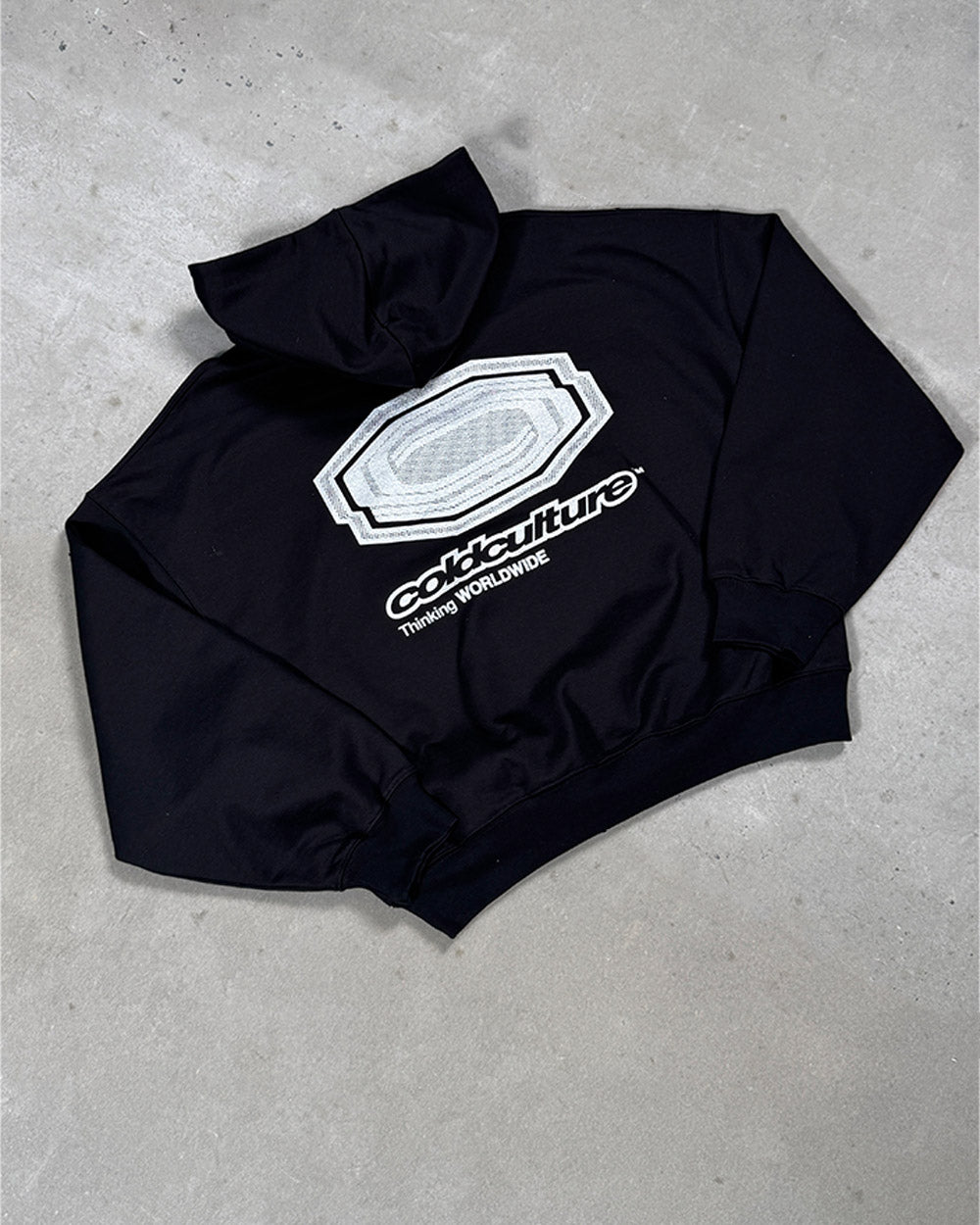 GLITTER HOODIE BLACK - black graphic print hoodie, flat lay - Cold Culture
