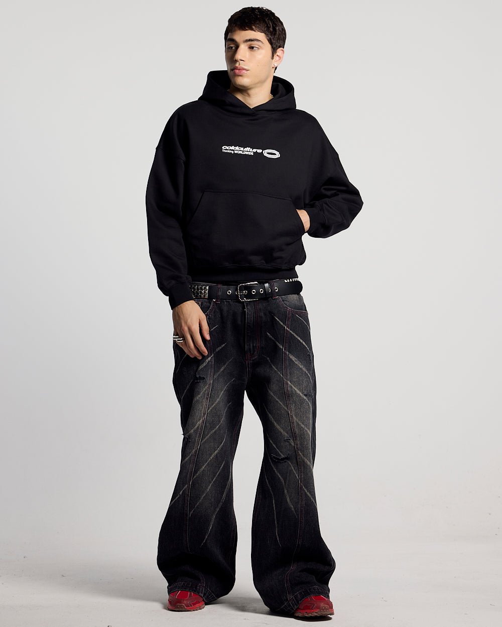 GLITTER HOODIE BLACK - black graphic print hoodie, front view on male model - Cold Culture #man