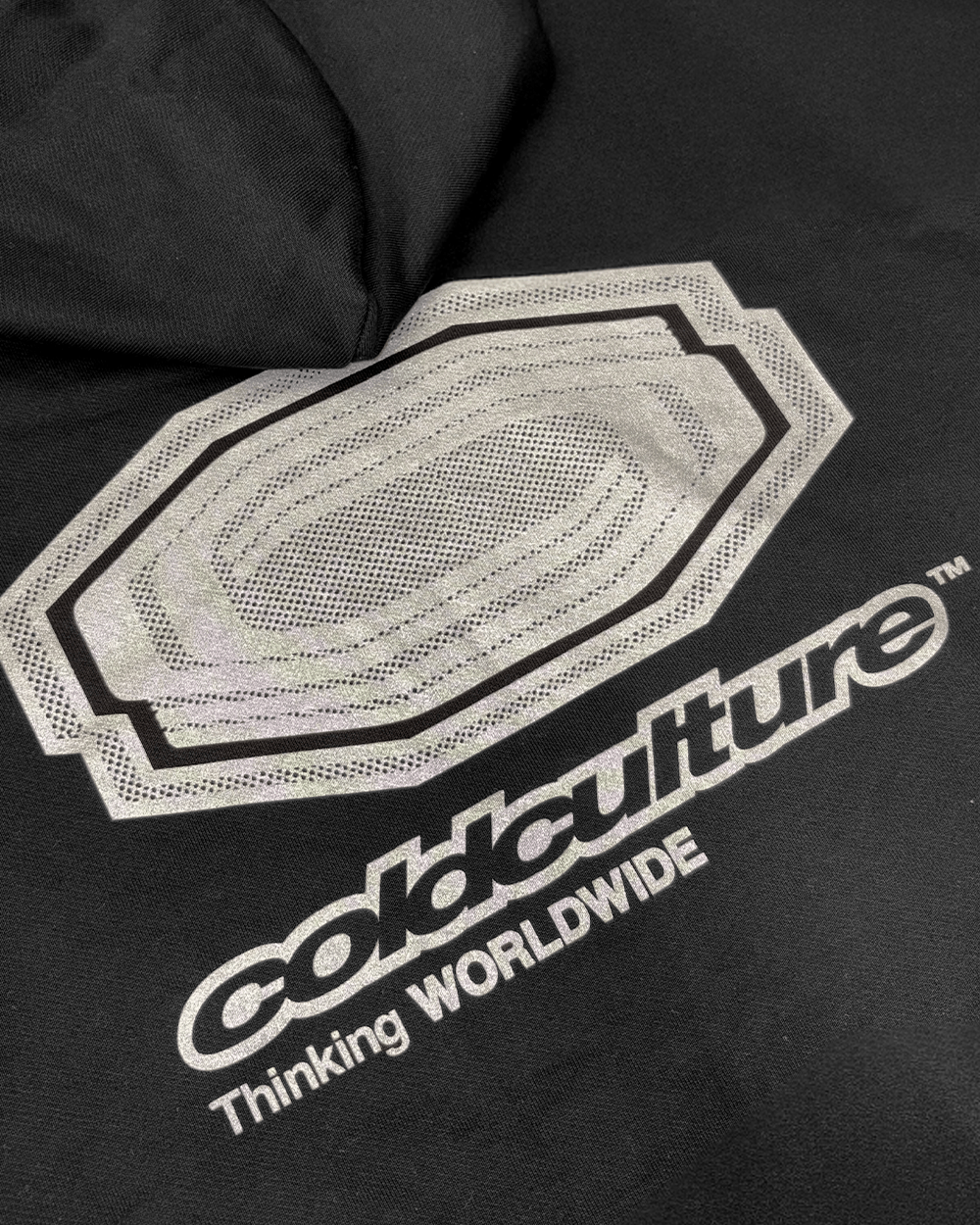 GLITTER HOODIE BLACK - black graphic print hoodie, detail close-up - Cold Culture