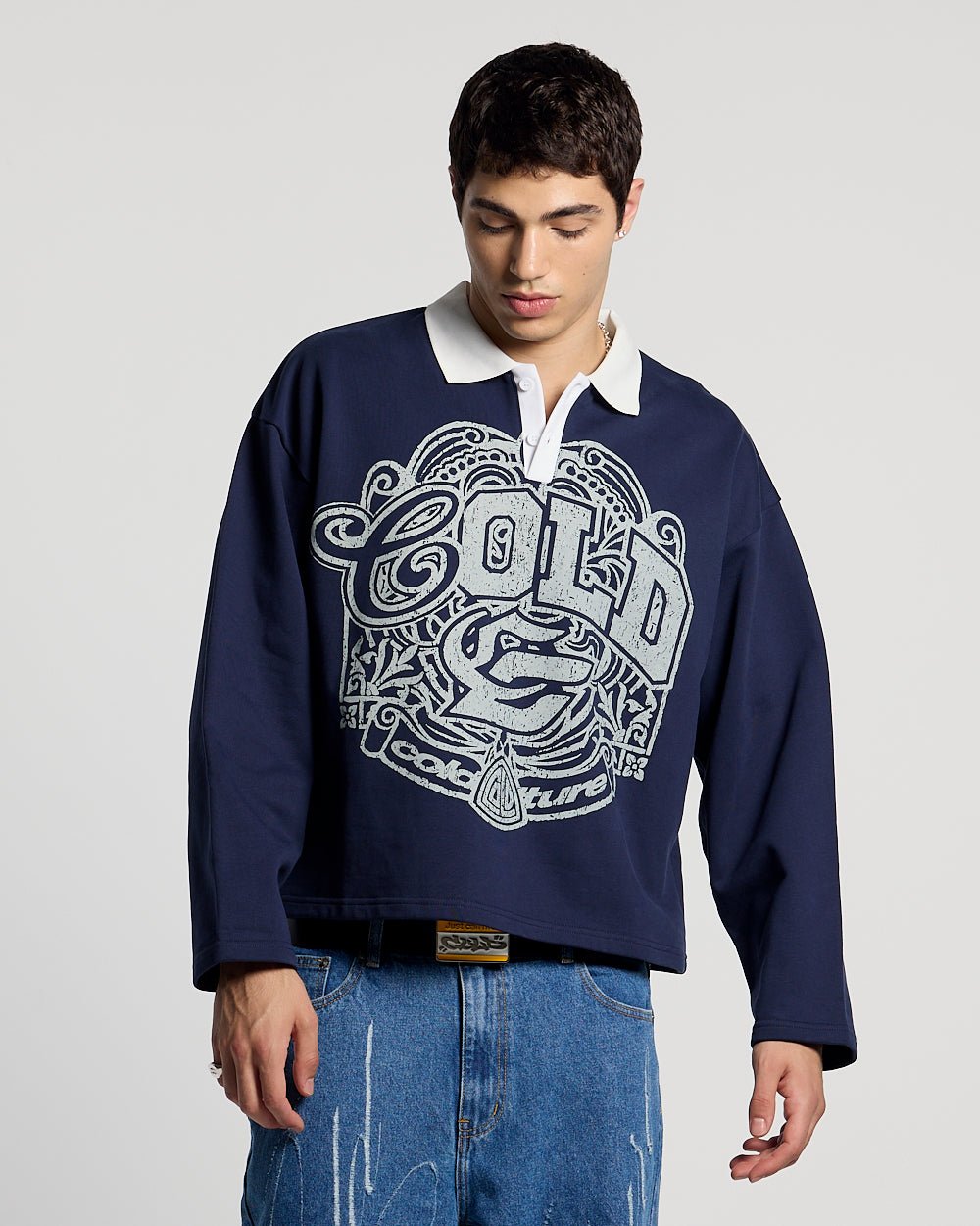 GOOD BOY POLO DARK BLUE - navy graphic longsleeve polo shirt, front view on male model - Cold Culture #man