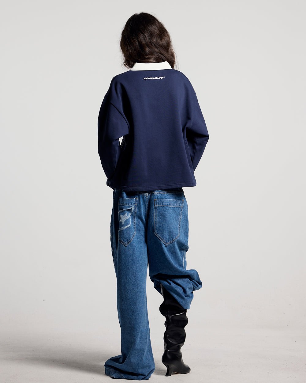 GOOD BOY POLO DARK BLUE - navy graphic longsleeve polo shirt, back view on female model - Cold Culture #woman