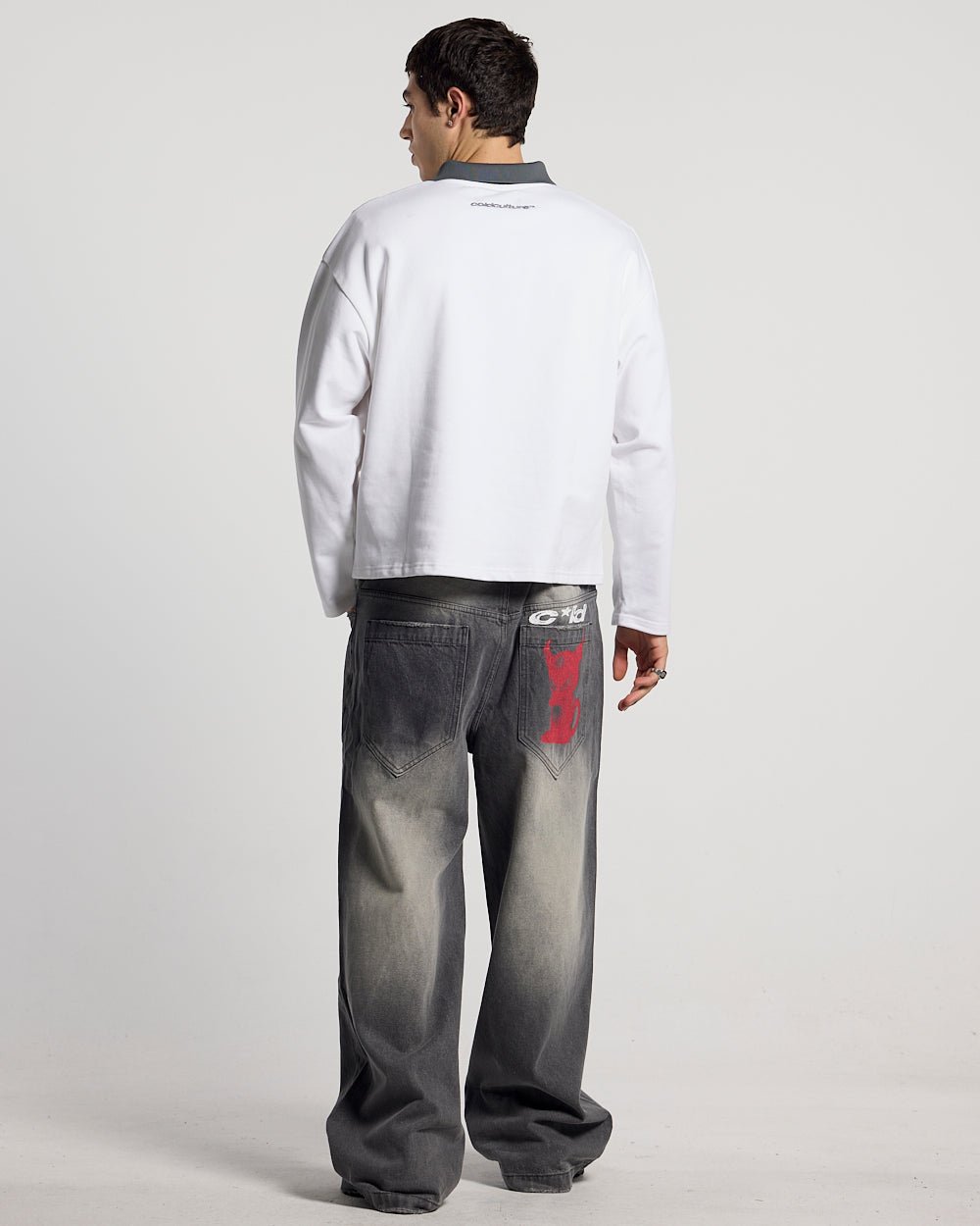GOOD BOY POLO WHITE - white graphic longsleeve polo shirt, back view on male model - Cold Culture #man