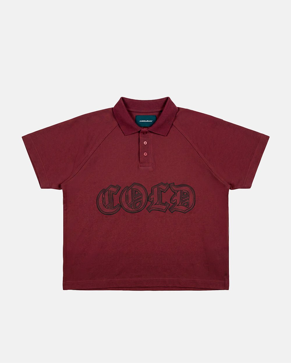 GOTHIC DISTRESSED POLO BURGUNDY - burgundy gothic print polo shirt, front view - Cold Culture #packshot