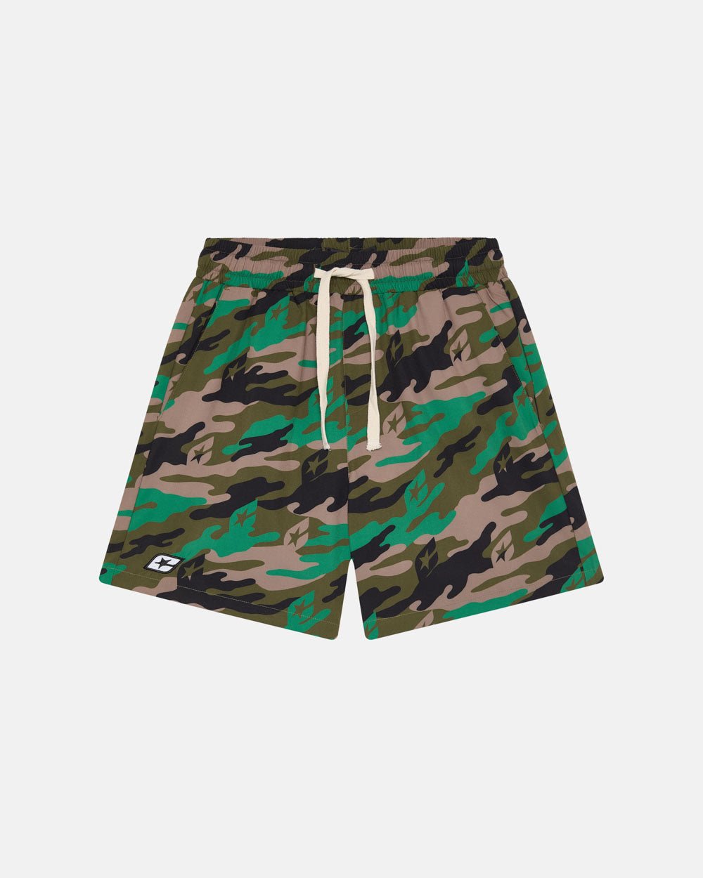 GREEN CAMO SWIM SHORT - green camo swim shorts, front view - Cold Culture #packshot